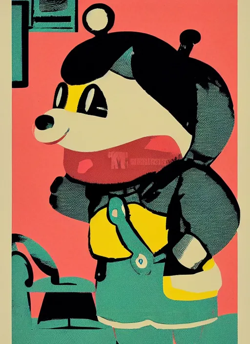 Image similar to Polish posters for Isabelle from Animal Crossing. Screen printed, silkscreen, paper texture. 1968