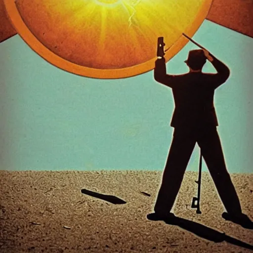 Image similar to a man with a pistol, shooting the sun out of the sky, surreal