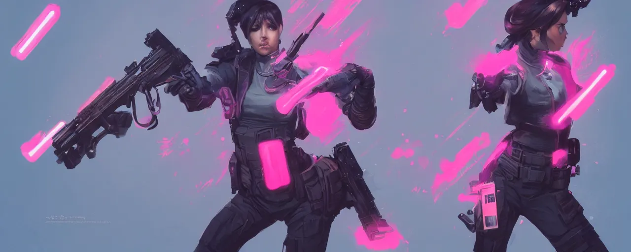 Prompt: duotone concept illustration 3 / 4, hero with blaster, shootout!, glow pink shots, higly detailed, by artgerm, cushart krenz, greg rutkowski, james jean, nouveau, digital art, gaudy colors, sharp edges, 8 k, elegant, intricate, octane render, artstation