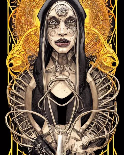 Prompt: a detailed portrait illustration of a steampunk wizard - nun. beautiful black female face, large chest. art nouveau, pop art, comic book style. influenced by neil gaiman, h. p. lovecraft, dan mumford, brian froud, vadim voitekhovitch, killian eng, ross tran.