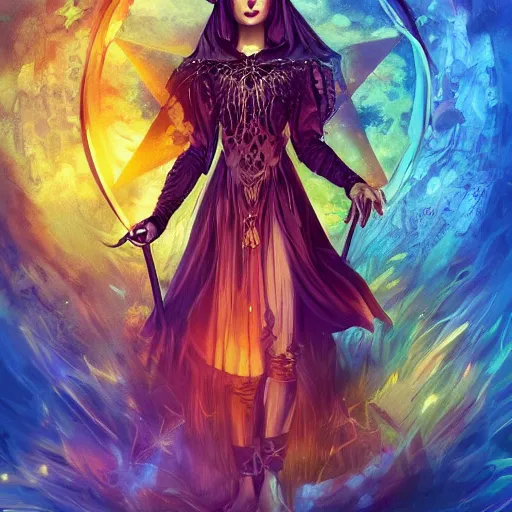 Prompt: a beautiful witch in golden clothes standing inside a pentagram, summoning a powerful demon, artstation, colorful, detailed, fantasy digital art, beautiful composition, masterpiece, artstation