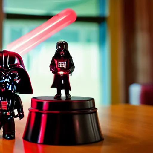 Image similar to a darth vader funko pop wielding a red lightsaber on a table inside a suburban house