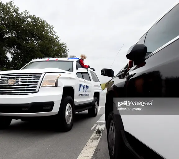 Image similar to close up photo donald trump driving white suv, freeway, police cars, ap news photo