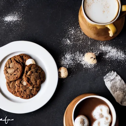 Image similar to cookies and hot chocolate, food photography, cozy