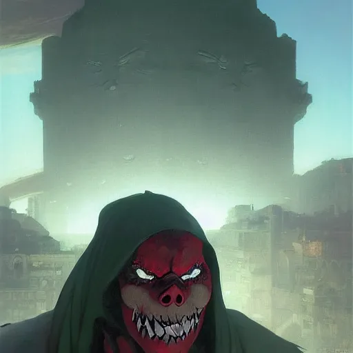 Image similar to 4k headshot of Spawn from Macfarlane comics , killing with green fire by Craig Mullins, ilya kuvshinov, krenz cushart, epic , artgerm trending on artstation by Edward Hopper and Dan Mumford and WLOP and Rutkovsky, beksinski carl spitzweg moebius and tuomas kocar, intricate artwork by caravaggio, Unreal Engine 5, Lumen, Nanite , 4K headshot of godlike clown with defined arms and open hands and bloody clothes with giant mandala wings , intricate face , flawless anime cel animation by Kentaro Miura, psychedelic , highly detailed upper body , professionally post-processed , beautiful, scary, symmetry accurate features, epic, octane rendered, anime masterpiece, accurate