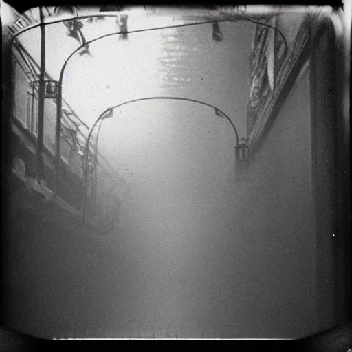 Image similar to flooded subway entrance, dark, liminal space, eerie, old polaroid,