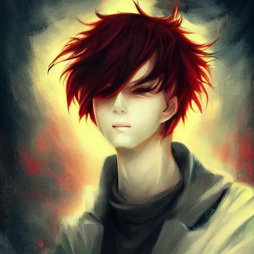 Prompt: headshot portrait of male anime character extremely sharp jaws slit yellow eyes medium red hair by anato finnstark, tom bagshaw, brom
