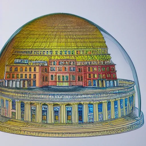 Image similar to Accurate and realistic representation of a city trapped inside a crystal clear dome. Harmonic colored disposition, expertly blended and shaded. HD. 8k. 4.k HQ. UHD . Colored pencils and color inks on two joined sheets of paper