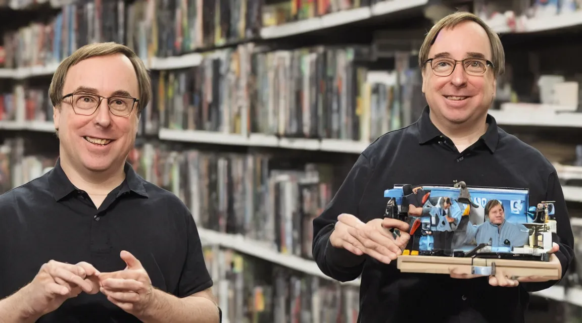 Prompt: vinil action figure of Linus Torvalds, product photo