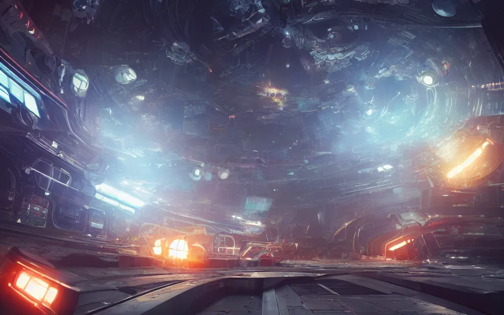 Prompt: multi dimensional transporter gate in space inside a bustling space bazaar, concept art, digital art, illustration, sharp focus, octane render, by julian calle, trending on artstation