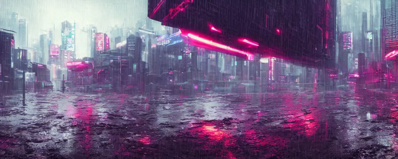 Image similar to cyberpunk landscape, synth, rainy, overcast, puddles