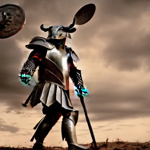 Image similar to a minotaur wearing plate armor and holding a mace, high resolution film still, 4k, HDR lighting, film by Thor Freudenthal and Chris Columbus