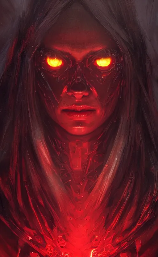 Image similar to Portrait of a dystopian dark witch, technology, dark filaments, red glowing eyes, menacing, intimidating, frightening, intricate, headshot, highly detailed, digital painting, artstation, concept art, sharp focus, cinematic lighting, illustration, art by artgerm and greg rutkowski, alphonse mucha, cgsociety