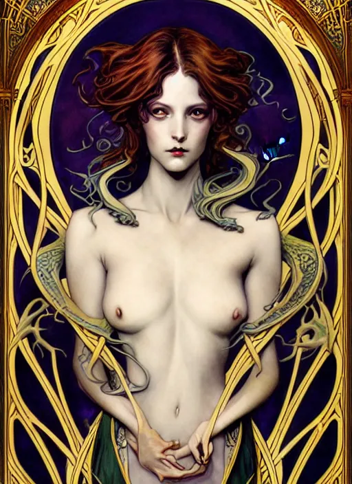 Image similar to an art nouveau, dragon portrait in the style of charlie bowater, and in the style of donato giancola, and in the style of charles dulac. very large, clear, expressive, intelligent eyes. symmetrical, centered, ultrasharp focus, dramatic lighting, photorealistic digital painting, intricate ultra detailed background.