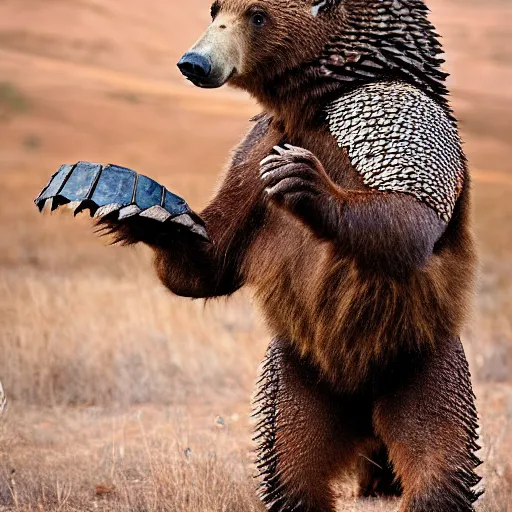Image similar to a Bear with the armor of a pangolin, national geographic photograph