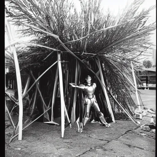 Prompt: iron man constructing a sukkah, booth, shelter