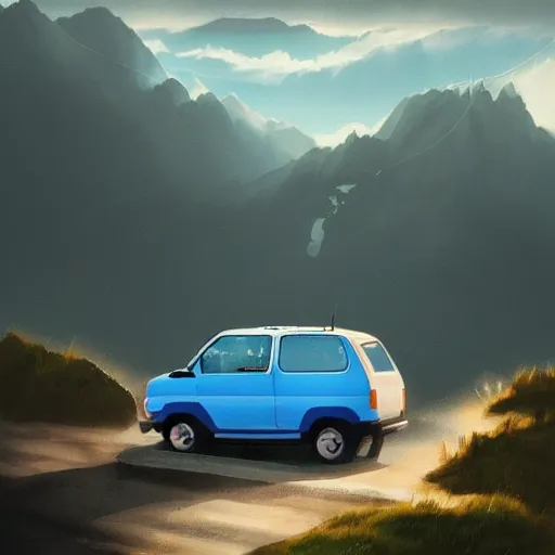 Prompt: blue fiat panda riding in mountains, dramatic light, clouds, artstation, hyper realistic, simon stalenhag