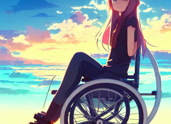 Image similar to portrait of cute girl, sunset sky in background, beach landscape, illustration concept art anime key visual trending pixiv fanbox by wlop and greg rutkowski and makoto shinkai and studio ghibli and kyoto animation, futuristic wheelchair, symmetrical facial features, future clothing, backlit