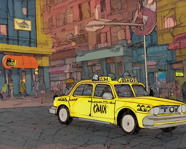 Prompt: a study of cell shaded cartoon of a taxi cab on the street, side view, illustration, picture from behind, vibrant colors, post grunge, concept art by josan gonzales and wlop, by james jean, Victo ngai, David Rubín, Mike Mignola, Laurie Greasley, highly detailed, sharp focus, alien, Trending on Artstation, HQ, deviantart, art by artgem