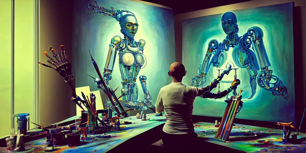 Image similar to photo of futuristic holy futuristic cyborg - robot - painter - artist creating a painting with acrylic paint and brushes in a futuristic artist studio by h. r giger, by, rich deep colors. masterpiece, intricate artwork by tooth wu and wlop and beeple, gaspar noe, james cameron,