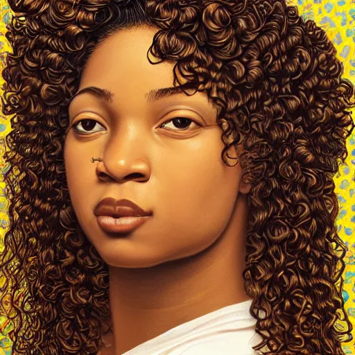 Prompt: close up portrait painting of a young woman with curly hair, by kehinde wiley