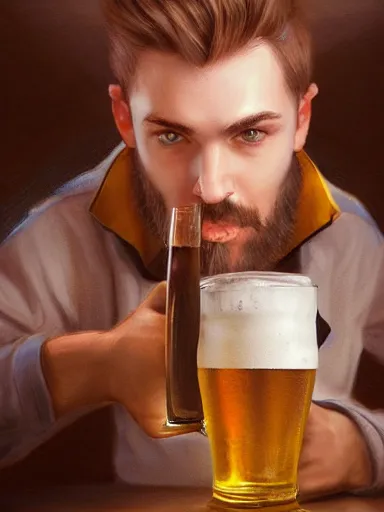 Prompt: a young handsome guy, drinking draffted beer in a pub. intricate, elegant, highly detailed, digital painting, artstation, concept art, sharp focus, illustration, by justin gerard and artgerm, 8 k