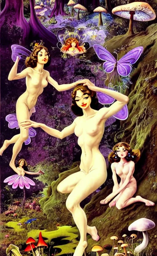 Prompt: fairies with detailed faces and true anatomy, enchanted forest, mushrooms on the ground, psychedelic, wide angle shot, white background, vector art, illustration by frank frazetta and salvador dali