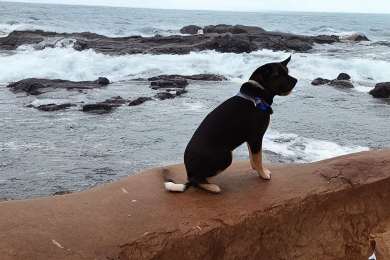 Prompt: a puppy is looking directly at the extreme water current below while it stands at an edge of a cliff