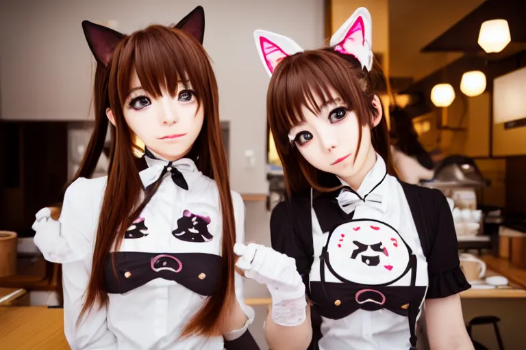 japanese catgirls caffe, dressed, symmetrical,, Stable Diffusion