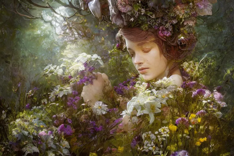 Prompt: photography print summer flowers, majestic, dappled lighting, backlit, by ellen jewett and dariusz zawadzki and brian froud and tom bagshaw, real, realistic, 8 k, high resolution, high definition, national geographics, professional wildlife photography