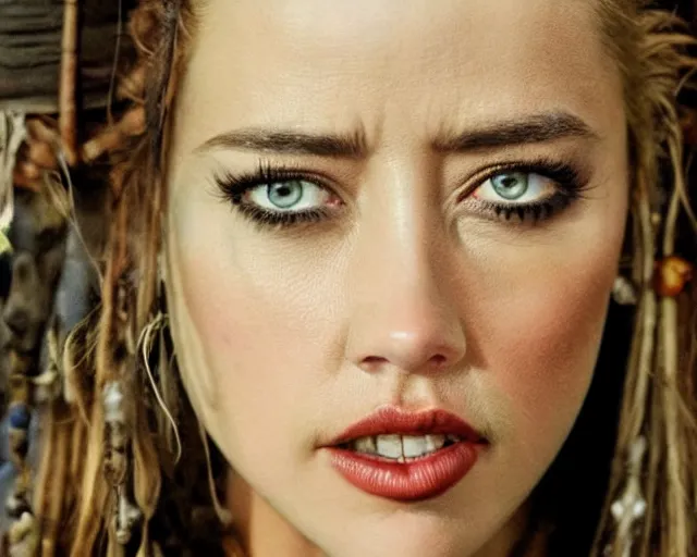 Prompt: a beautiful blend of amber heard and captain jack sparrow, hyper realistic face, beautiful eyes, cinematic, long shot, hyper detailed, 8 5 mm photograph, 8 k resolution, film still, sharp lens, wide lens