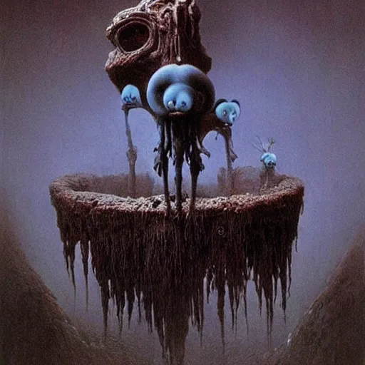 Prompt: smurfs beksinski, eldritch, terrifying, creepy creature, horror spooky