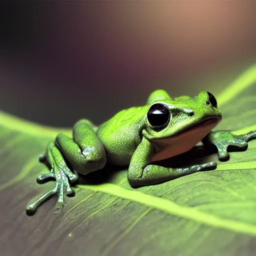 Image similar to small dart frog, chilling on a leaf, in jungle, alien movie style, hyper realistic, rule of thirds, extreme detail, 4 k, detailed drawing, trending artstation, realistic lighting, by giger, sharp focus, backlit