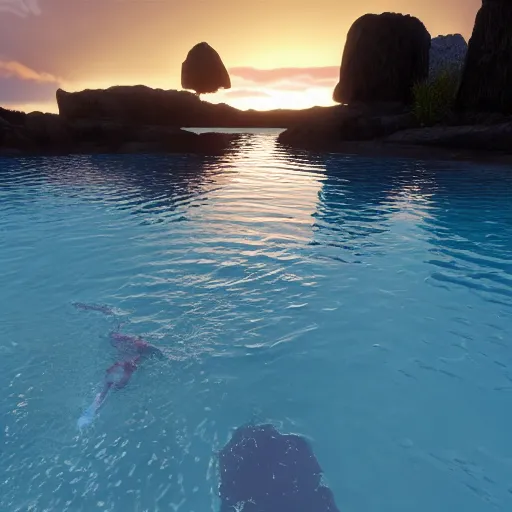 Image similar to swimming into the sunset, realistic, warm lighting, unreal engine