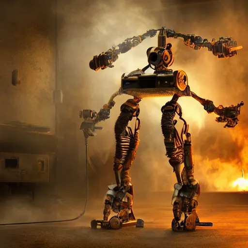 Image similar to toaster oven terminator robot, dark messy smoke - filled cluttered workshop, dark, dramatic lighting, orange tint, sparks, cinematic, highly detailed, sci - fi, futuristic, movie still