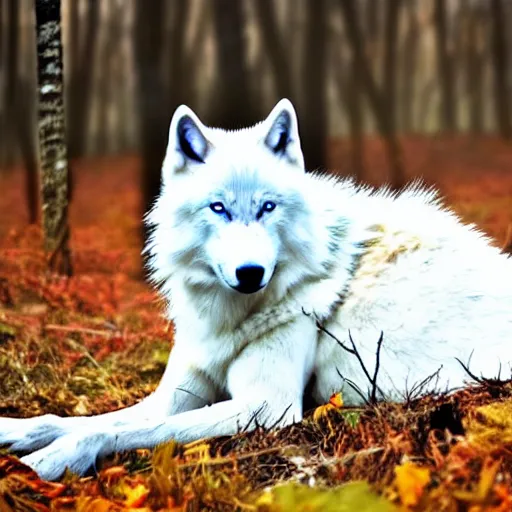 Image similar to white wolf with blue eyes stands in a dormant autumn forest, no yellow color in eyes, no yellow color, realistic