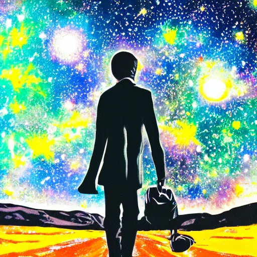 Image similar to celty sturluson in front of colorful galaxy