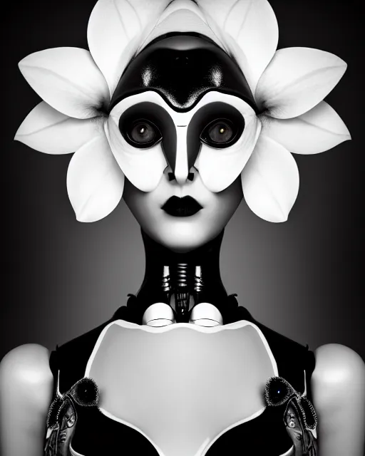 Prompt: surreal mythical dreamy dark artistic black and white fine art 3 / 4 fashion portrait photo of a young beautiful delicate female robot with realistic orchid - owl face, rim light, cinematic, studio dramatic light, poetic, masterpiece, octane render, 8 k, photo - realistic by hg giger and man ray