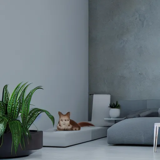 Image similar to a modern indoor room, clean architecture, some plants, peaceful, 8K octane render, a bat kitten sits there