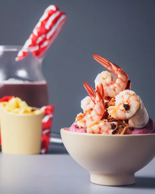 Image similar to dslr food photograph of a cup of ice cream sundae with shrimps on. 8 5 mm f 1. 4