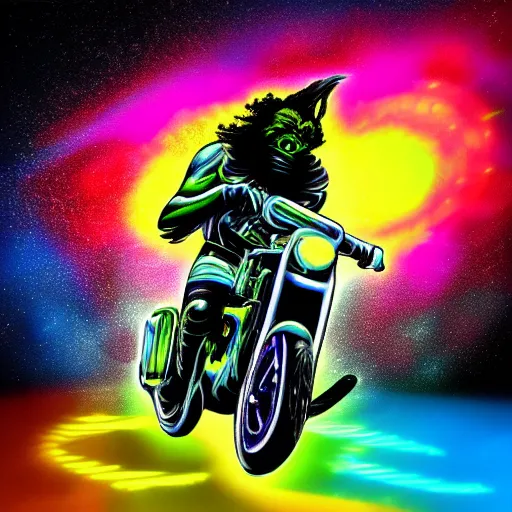 Prompt: psychedelic blacklight airbrush artwork, hyper stylized action shot of an orc biker riding a motorcycle, clear focused details, soft airbrushed edges and gradients on a black background