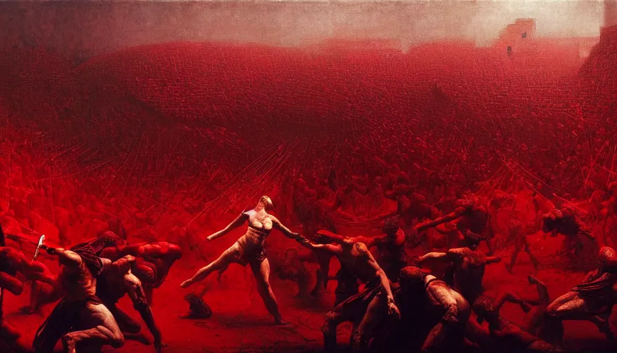 Image similar to only with red, bloody gladiator battle in a crowded roman amphitheatre, crowd cheering, in the style of beksinski and edward hopper and rodcenko and yue minjun and greg rutkowski, intricate and epic composition, red by caravaggio, highly detailed, masterpiece, red light, artstation, art nouveau