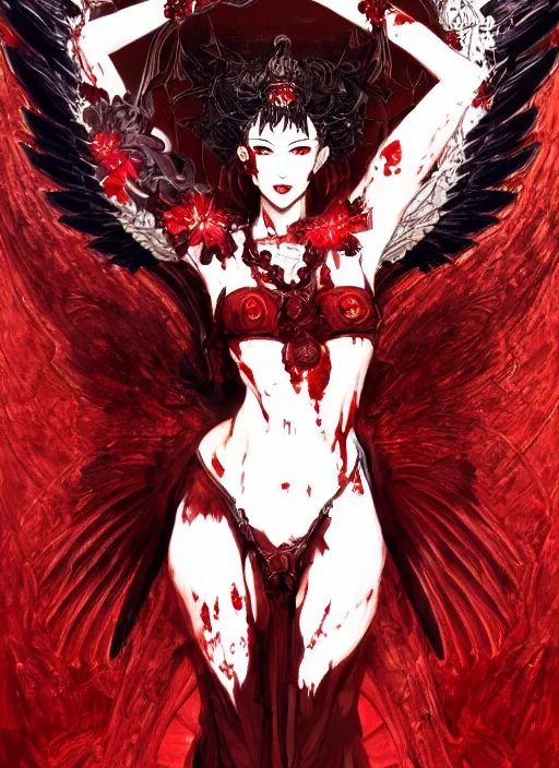 Prompt: half body portrait of blood deity angel, beautiful woman in an ornate red dress. in style of yoji shinkawa and hyung - tae kim, trending on artstation, dark fantasy, great composition, concept art, highly detailed, dynamic pose, vibrant colours.