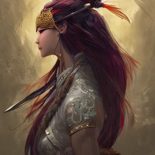 Prompt: An epic fantasy comic book style portrait painting of a gorgeous sword dance Chinese costume woman , by WLOP trending on pinterest and artbreeder, long hair, smoke, flowers rain everywhere, full body XIANXIA, Chinese temple, depth of field by Yoji Shinkawa 4k