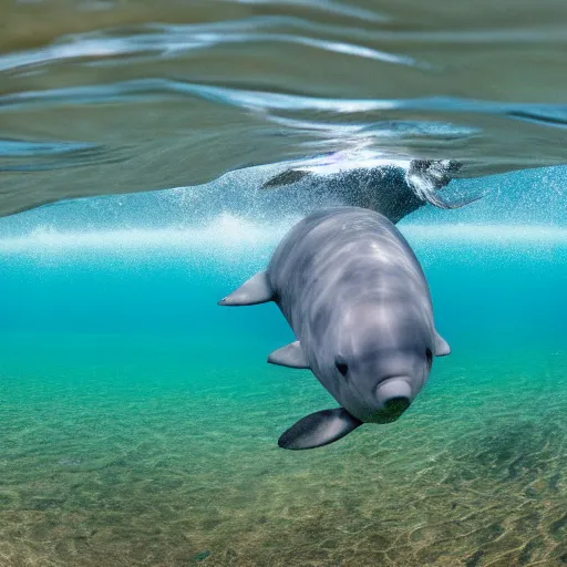 Image similar to underwater ocean, five dolphins, rip curl, school of dolphins, family, swimming to surface, calm, photograph, realistic, peaceful, light rays, beautiful, majestic, dapple, camera angle from below, distance,