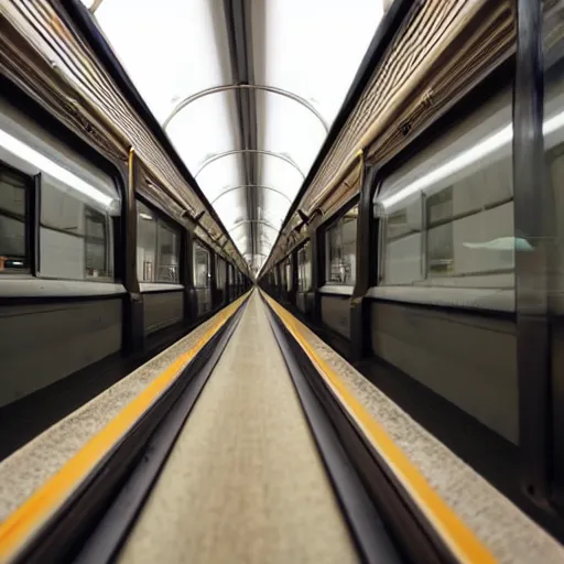 Image similar to looking down the interior of an infinitely long train from the inside of a carriage