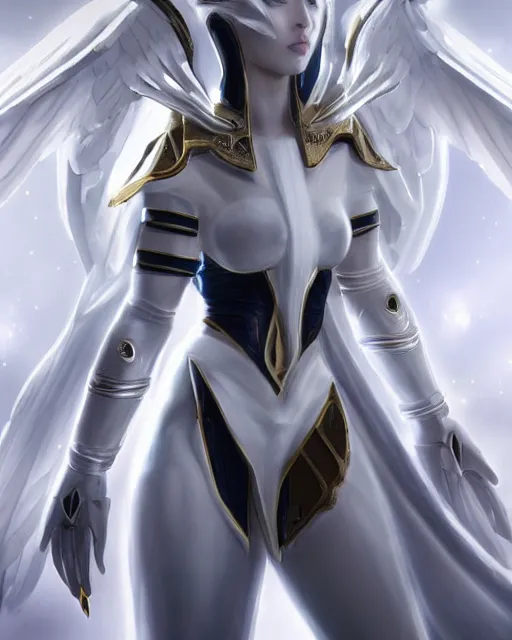 Image similar to perfect white haired attractive egyptian goddess with huge white dove wings, warframe armor, beautiful, symmetric, charlize, half asian, pretty face, blue eyes, detailed, scifi platform, laboratory, experiment, 4 k, ultra realistic, epic lighting, android body, illuminated, cinematic, masterpiece, art by akihito tsukushi, voidstar