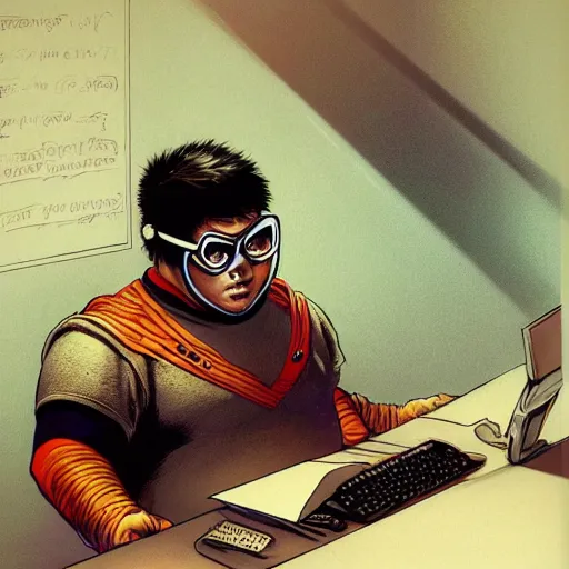 Image similar to an insanely detailed painting of a chubby nerdy asian man wearing a homemade superhero costume and mask, sitting at a computer desk typing on the keyboard, in the style of peter mohrbacher, dramatic lighting and composition, trending on artstation, concept art, comic book, graphic novel, back view