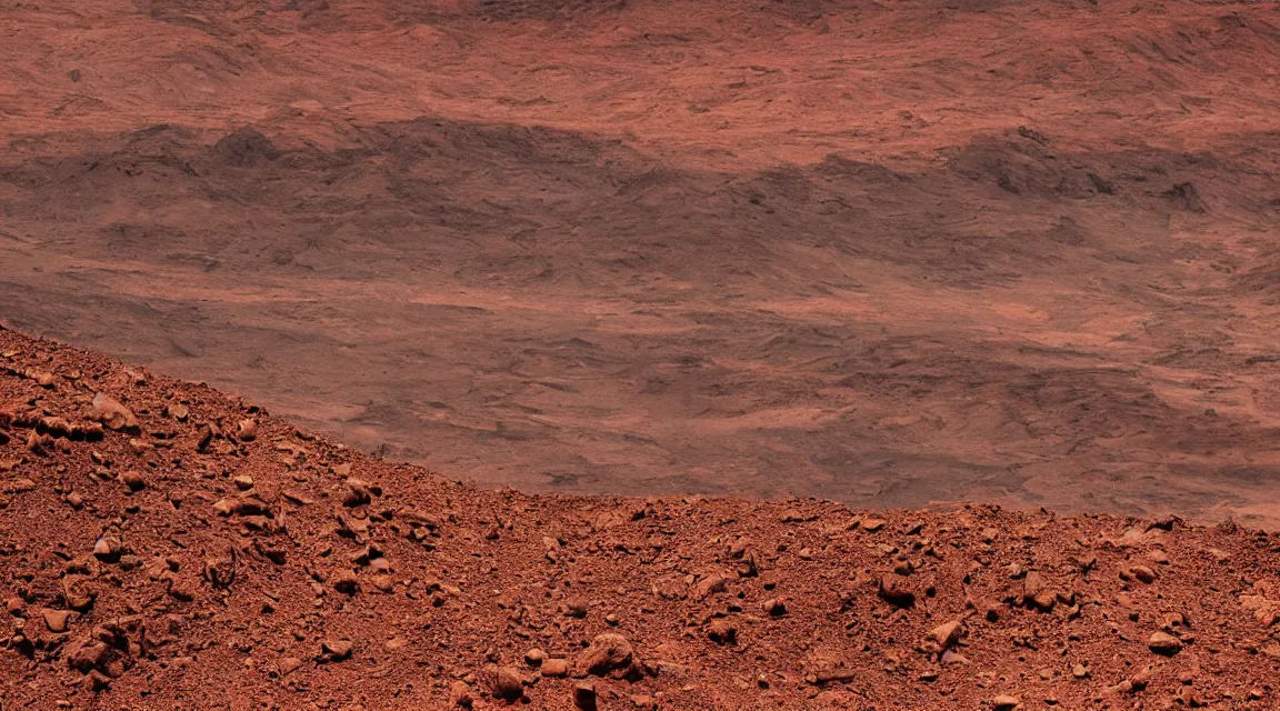 Prompt: stunning large format photograph, beautiful cinematic perspective of a dramatic martian mountainside, reddish brown color scheme rocks and soil and distant mountains, variegated soil, smooth clear blue sky, in the style of jeff wall, hazy sunlight, crisp details, 10k with post-processing