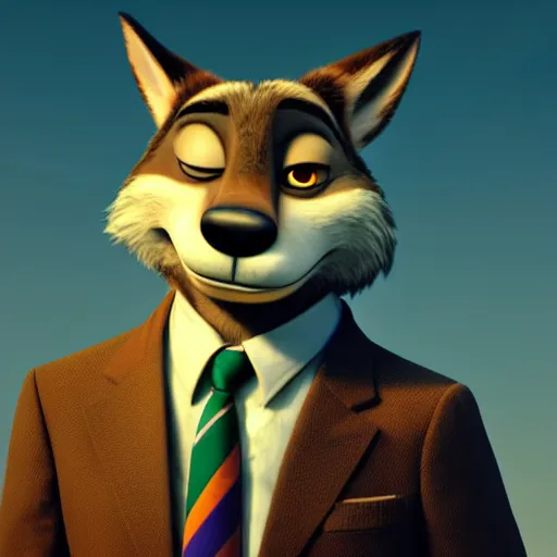 Prompt: a film still from zootopia main character portrait anthro anthropomorphic wolf security guard head animal person fursona wearing suit and tie pixar disney animation sharp rendered in unreal engine 5 key art by greg rutkowski bloom dramatic lighting modeling beginner render